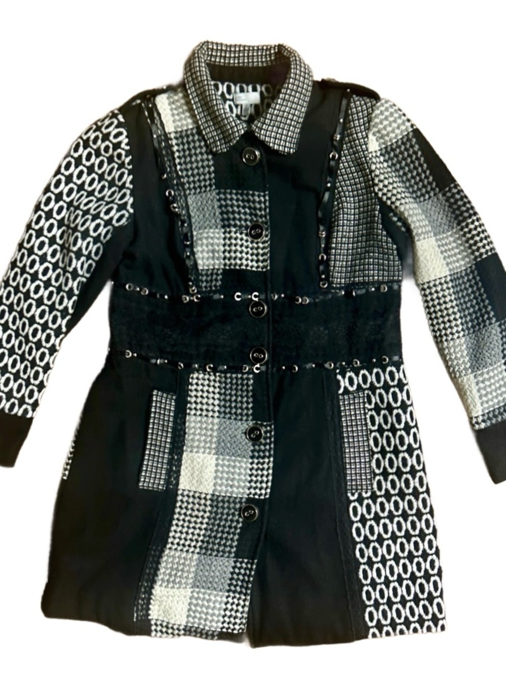 Linea Domani ~ Size 12 ~ Black/White ~ Wool ~ Plaid/ Check Print ~ Trench Coat